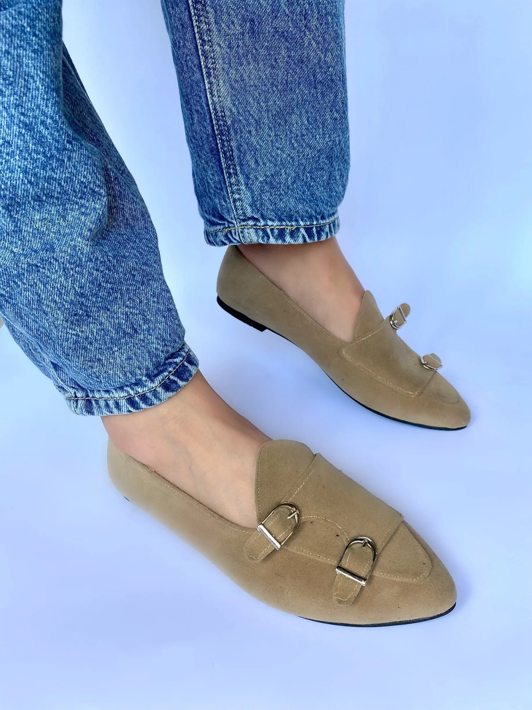 Beige Double-Monk Strap Suede Loafers