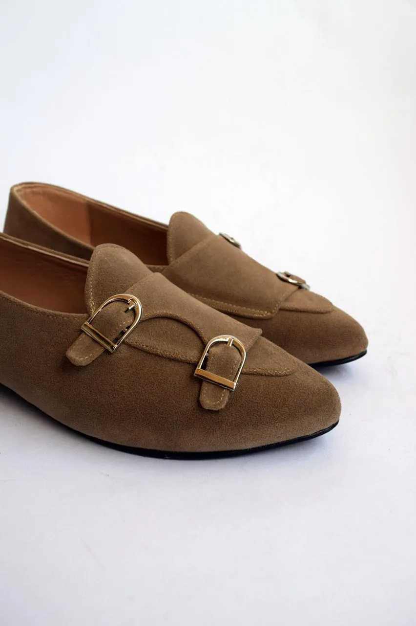 Beige Double-Monk Strap Suede Loafers