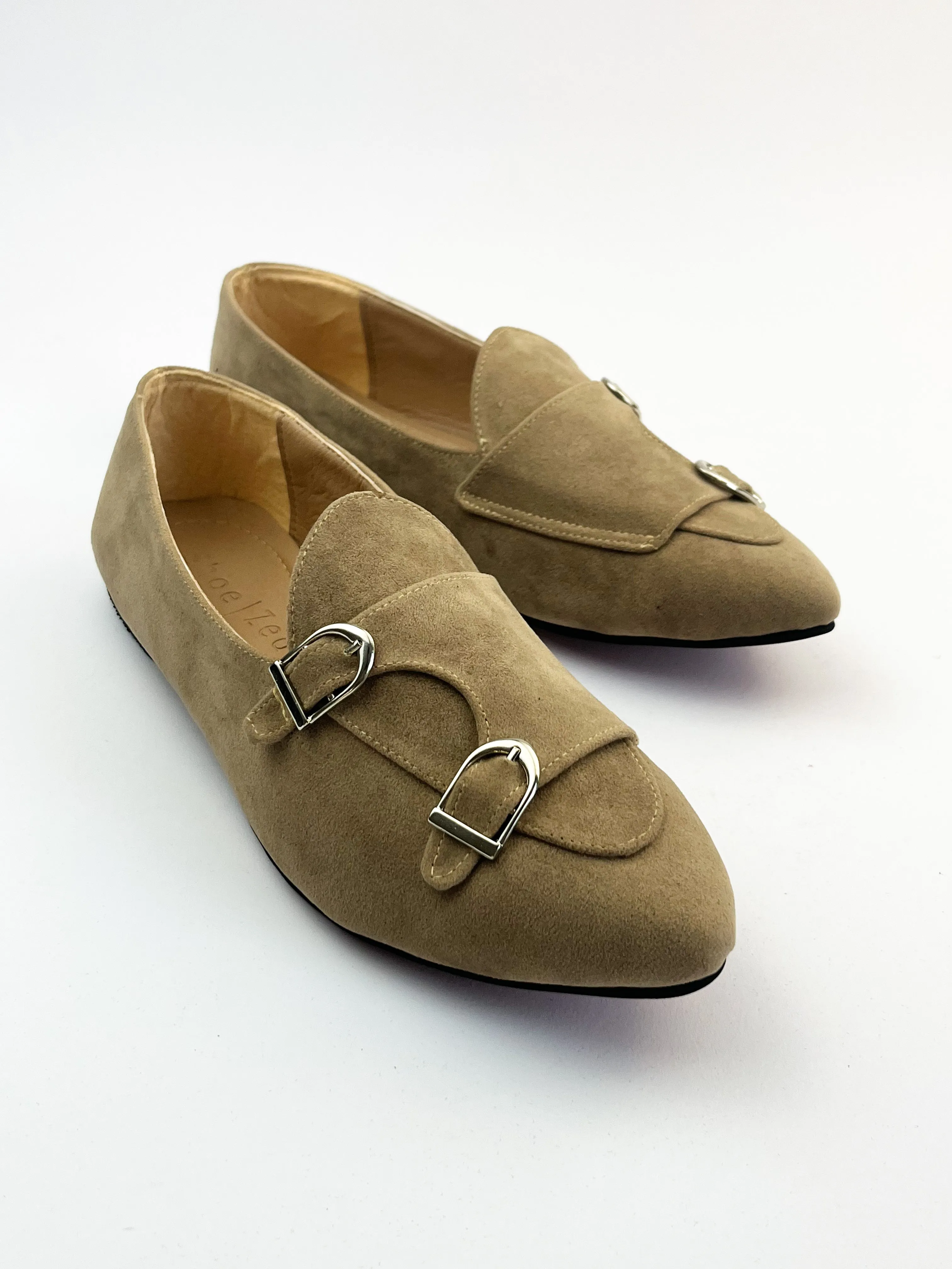 Beige Double-Monk Strap Suede Loafers