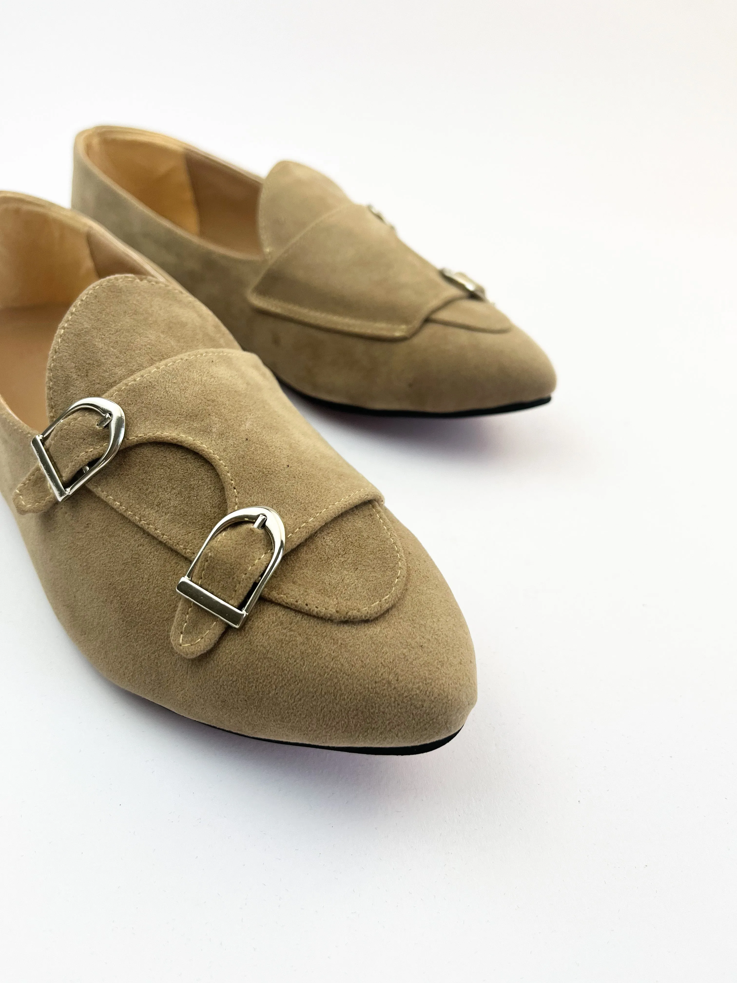 Beige Double-Monk Strap Suede Loafers