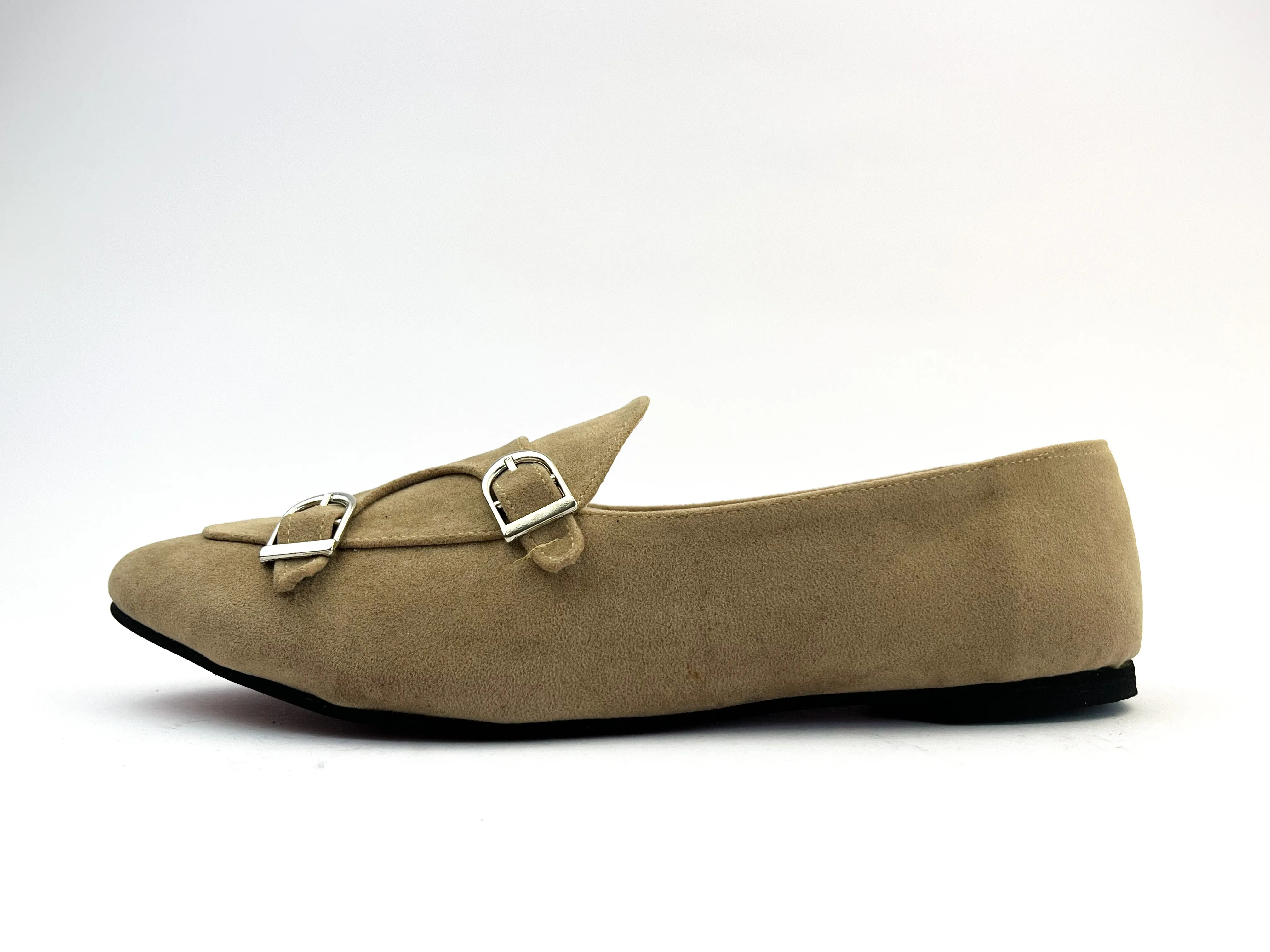 Beige Double-Monk Strap Suede Loafers