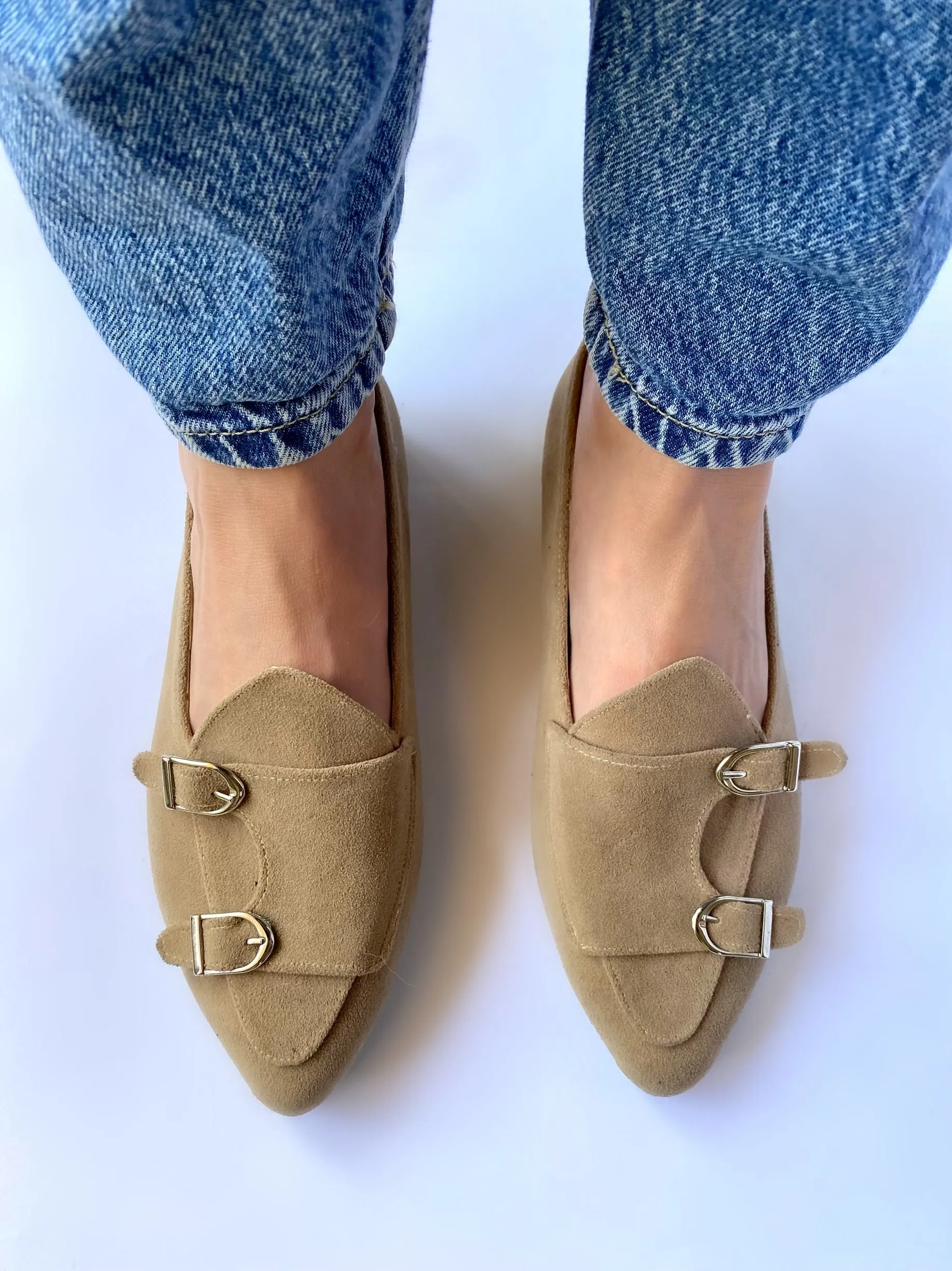 Beige Double-Monk Strap Suede Loafers
