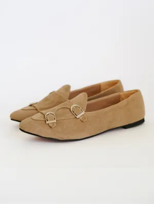 Beige Double-Monk Strap Suede Loafers