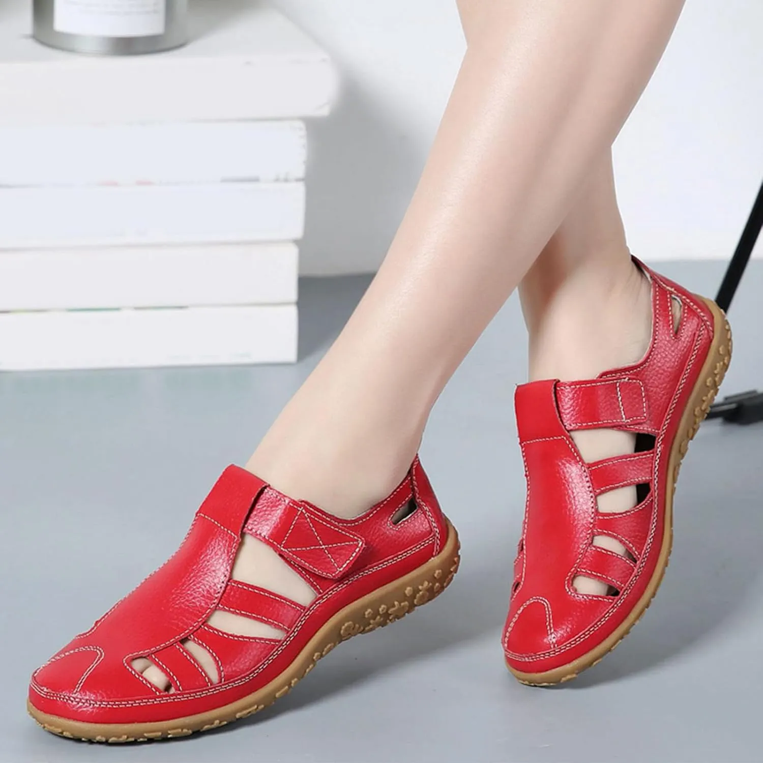 Fisherman Sandals for Women 2025 Summer Casual Closed Toe Leather Sandals Non-Slip Sole Hollow Out Walking Sandal Magic Tape Soft Sole Orthopedic Beach Shoes Outdoor Activities Shoes