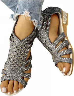Gibobby Womens Sandals,Womens Summer Crystal Open Toe Flip Flops Shoes Flat Strappy Sandals Comfort Ladies Sandals