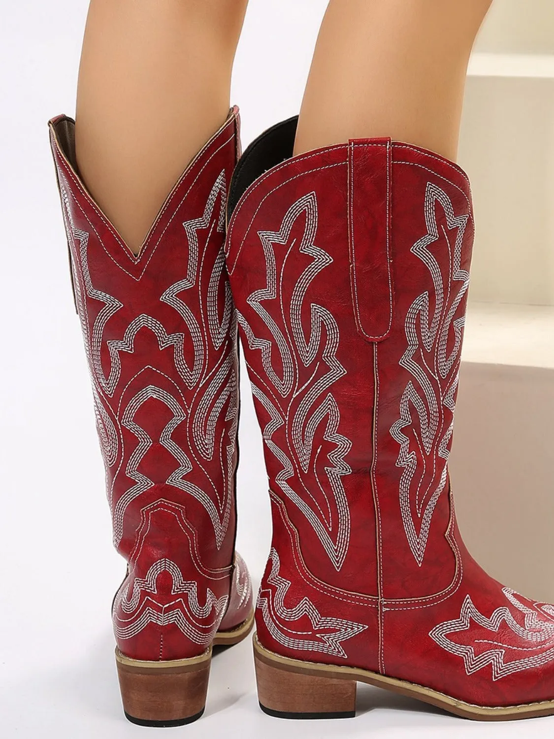 Leather Embroidered Geometric Point Toe Boots