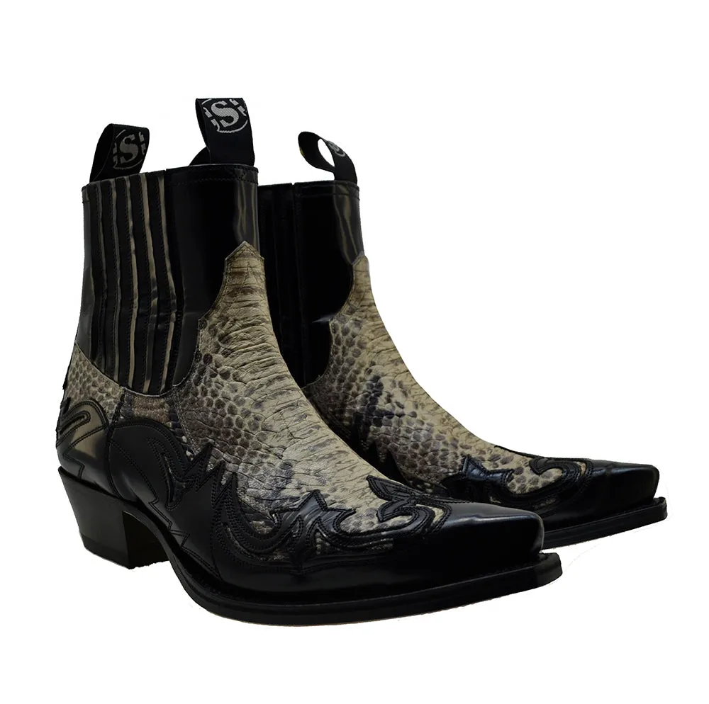Men's Cowboy Boots Sendra 4660P Black Leather Natural Print Python Cuban Heel