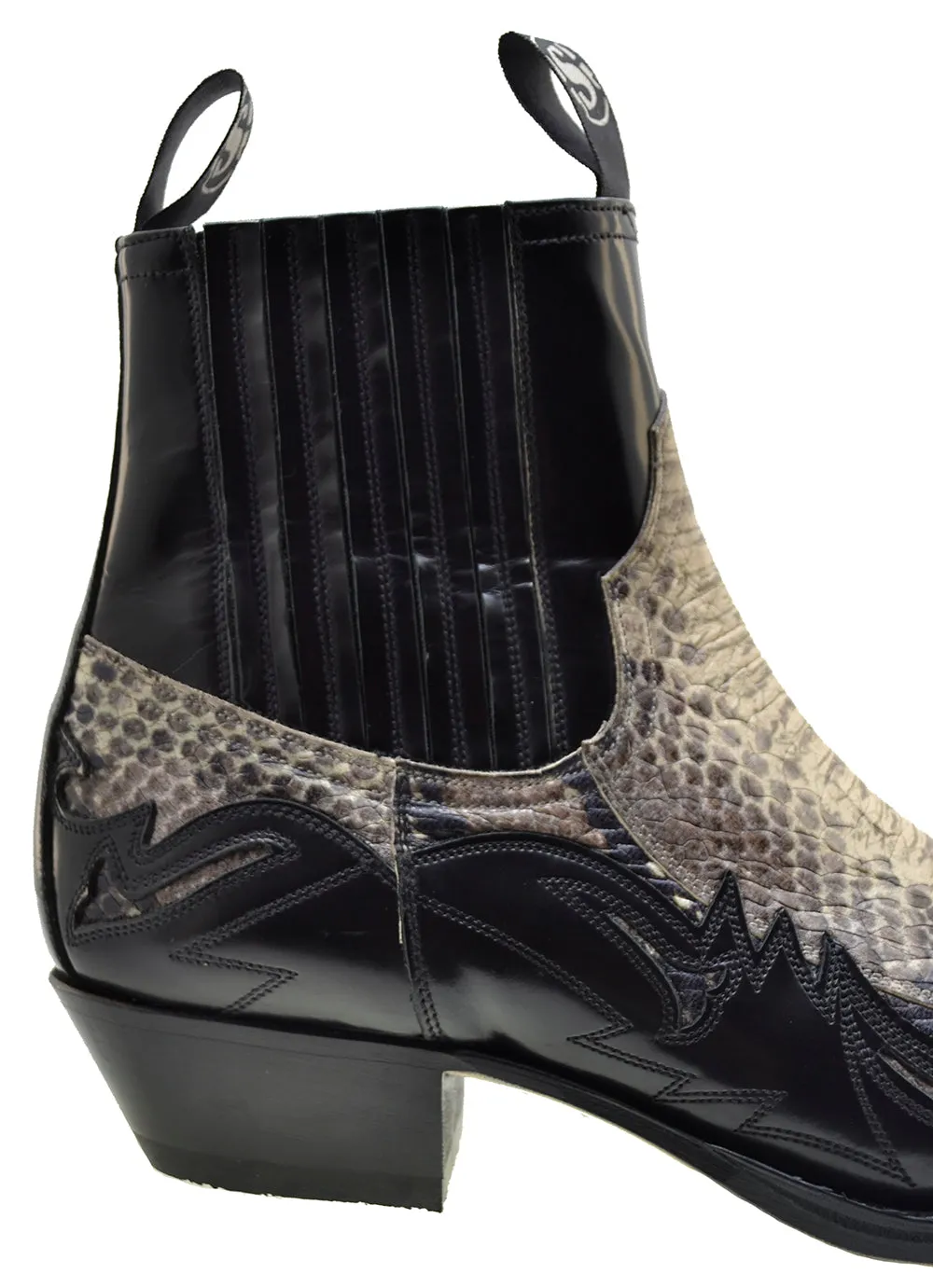 Men's Cowboy Boots Sendra 4660P Black Leather Natural Print Python Cuban Heel