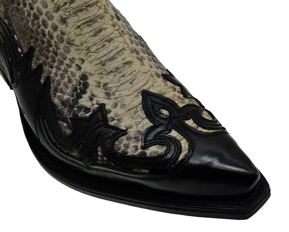 Men's Cowboy Boots Sendra 4660P Black Leather Natural Print Python Cuban Heel