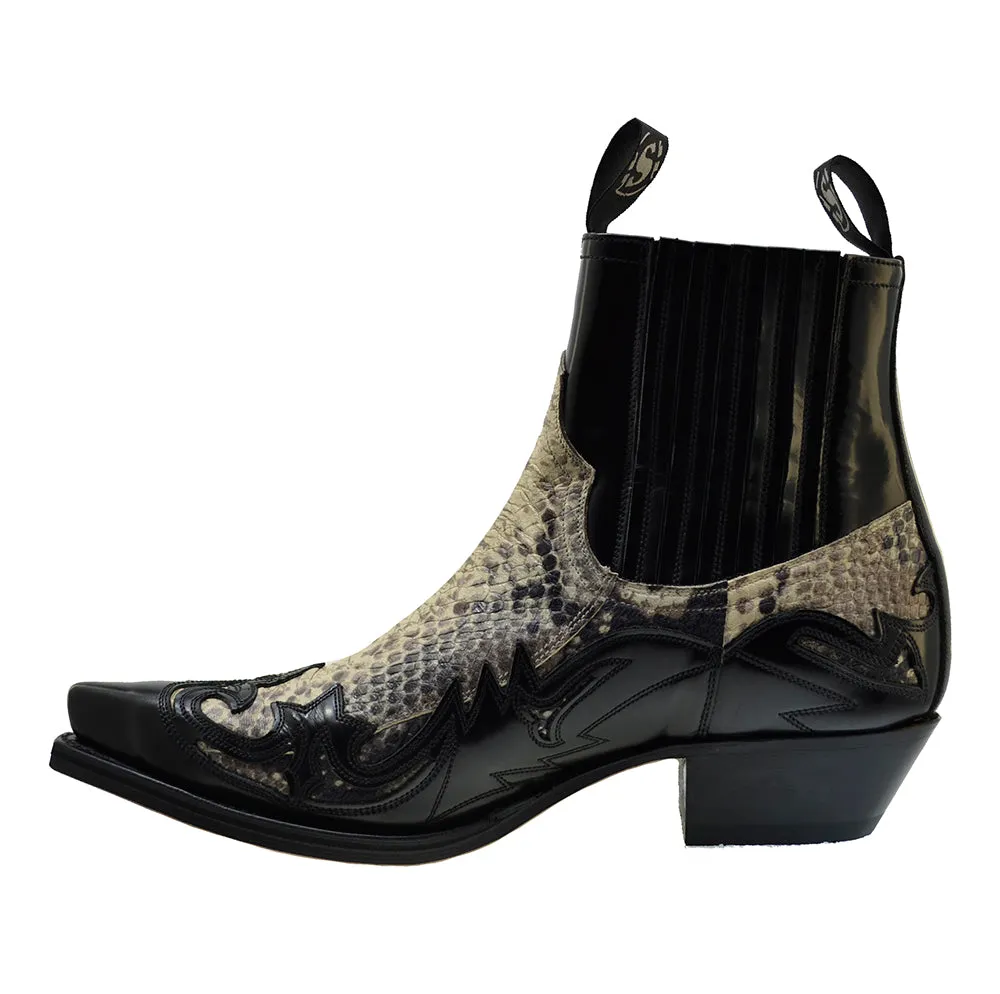 Men's Cowboy Boots Sendra 4660P Black Leather Natural Print Python Cuban Heel