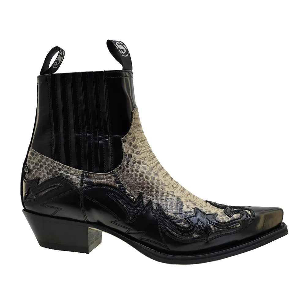 Men's Cowboy Boots Sendra 4660P Black Leather Natural Print Python Cuban Heel