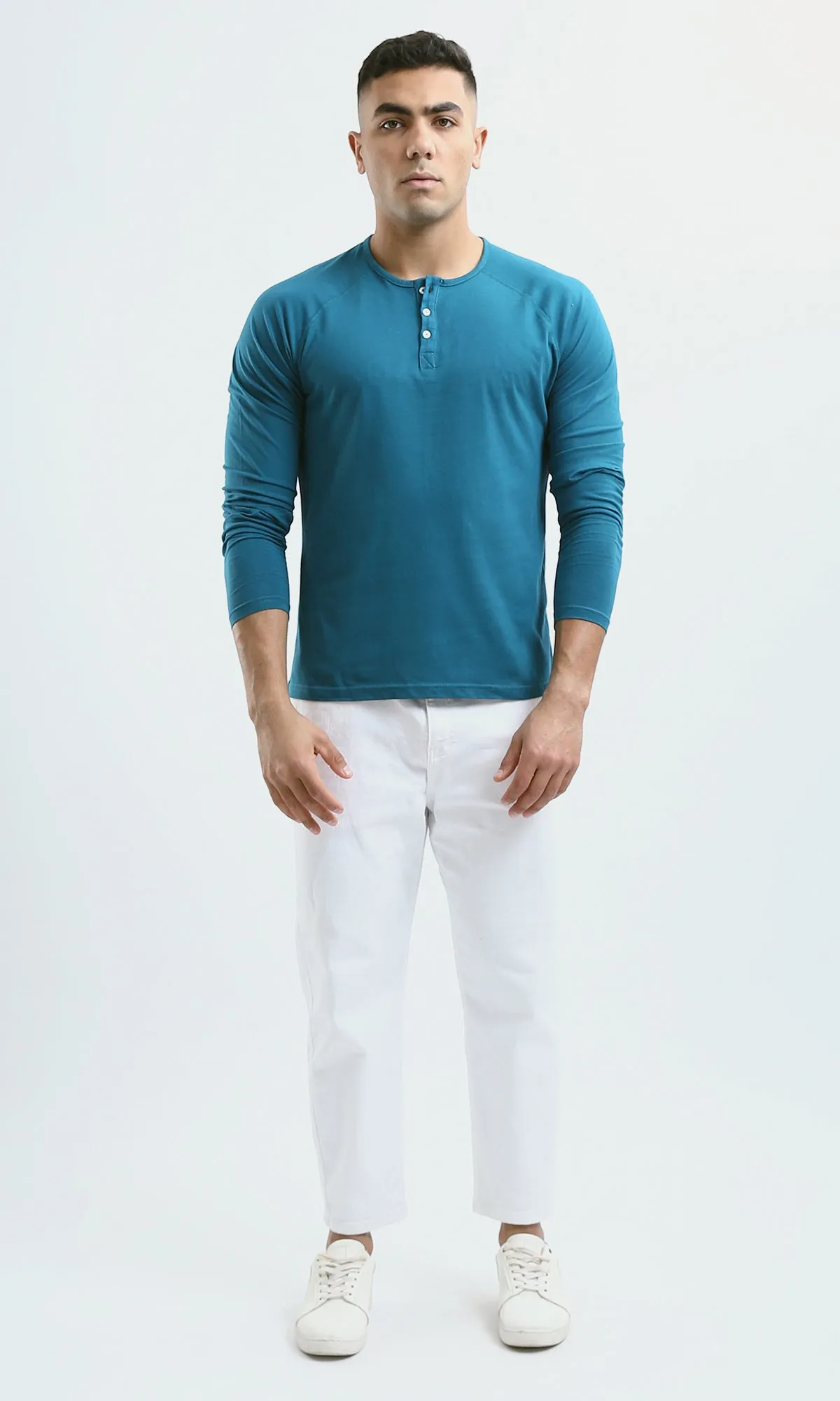 O188540 Petroleum Solid Henley Shirt With Buttoned Neck