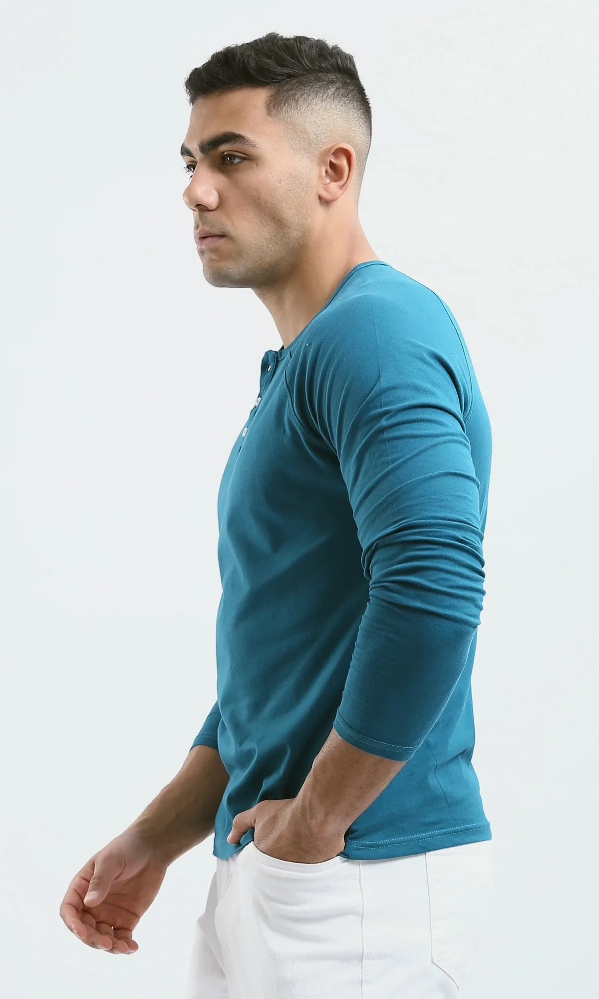 O188540 Petroleum Solid Henley Shirt With Buttoned Neck