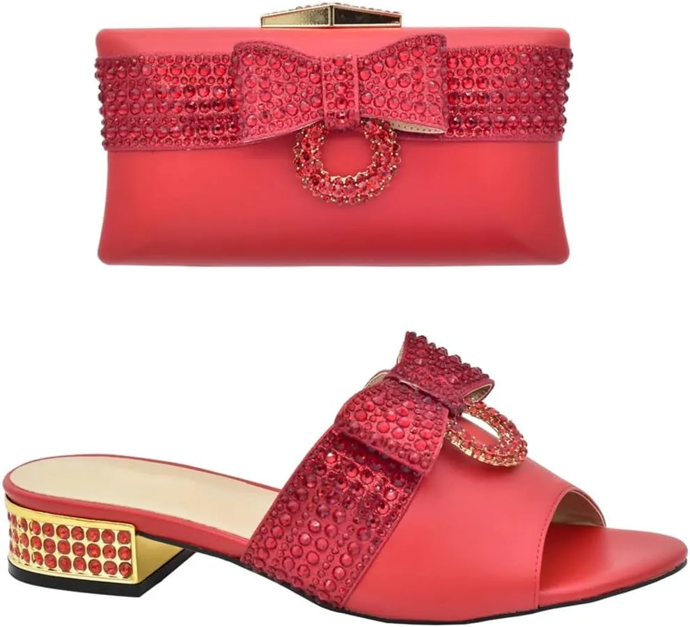 Women Luxury Shoes and Matching Bags Set Rhinestone Decorated Heel Party Slingbacks Soft Shoe Bag Set
