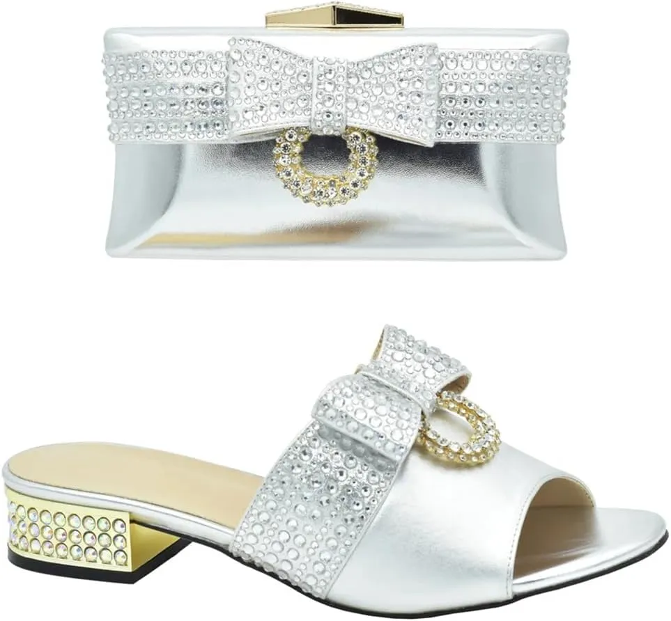 Women Luxury Shoes and Matching Bags Set Rhinestone Decorated Heel Party Slingbacks Soft Shoe Bag Set