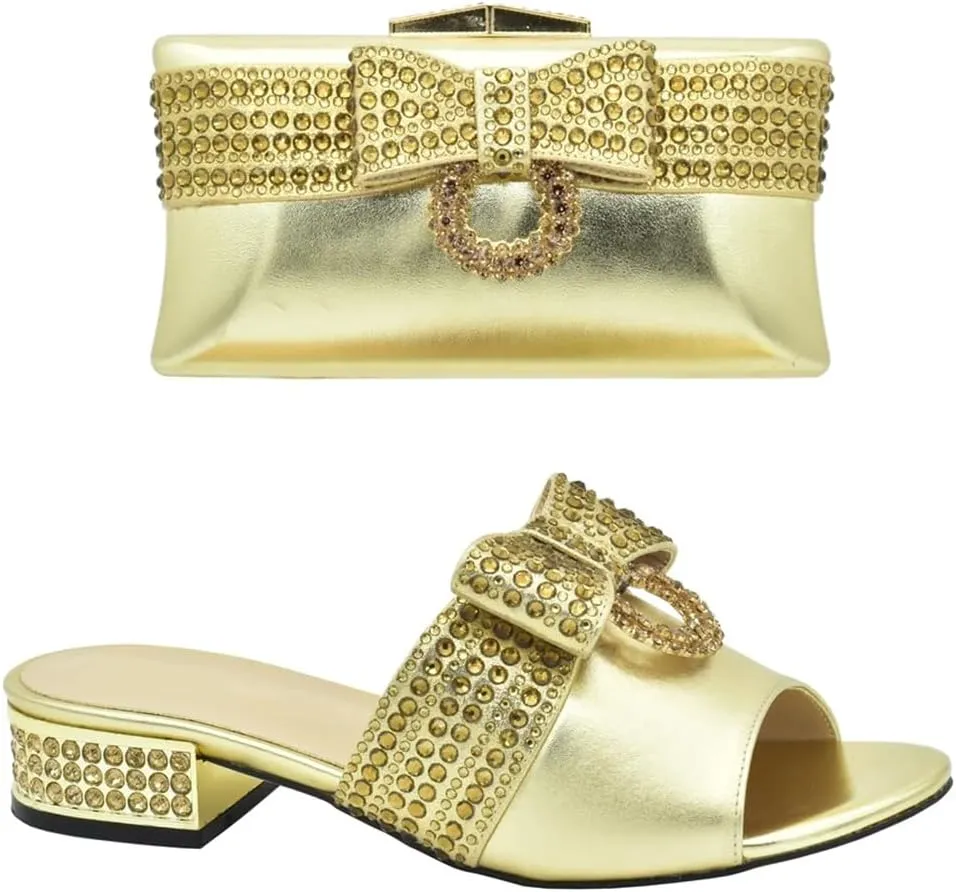 Women Luxury Shoes and Matching Bags Set Rhinestone Decorated Heel Party Slingbacks Soft Shoe Bag Set