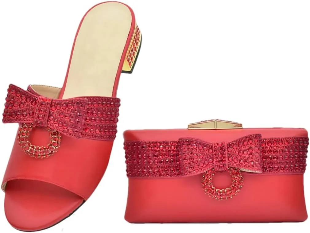 Women Luxury Shoes and Matching Bags Set Rhinestone Decorated Heel Party Slingbacks Soft Shoe Bag Set