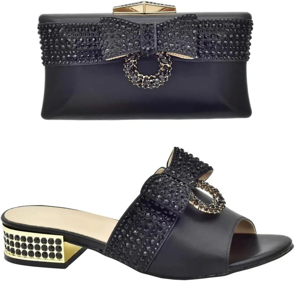 Women Luxury Shoes and Matching Bags Set Rhinestone Decorated Heel Party Slingbacks Soft Shoe Bag Set