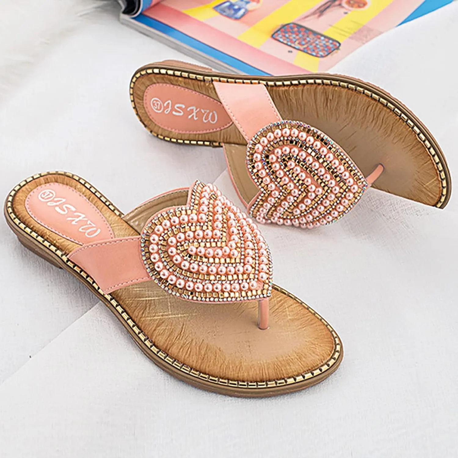 Womens Flat Slide Sandals Cute Casual Thong Sandal Bling Bohemian Slip on Beach Flats Sandals
