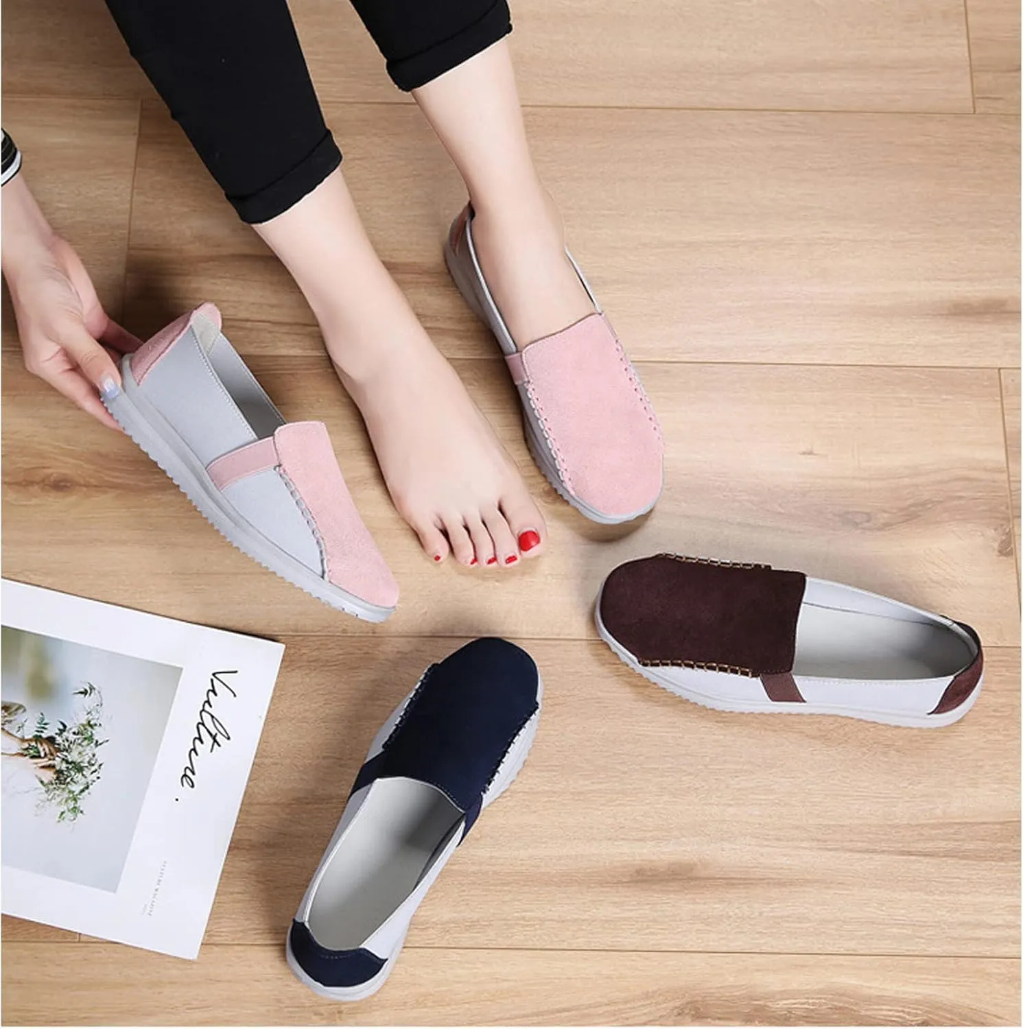Women's Owlkay Color Block Suede Flat Loafers,Casual Breathable Orthopedic Leather Comfy Walking Slip-On Fashion Boat Shoes