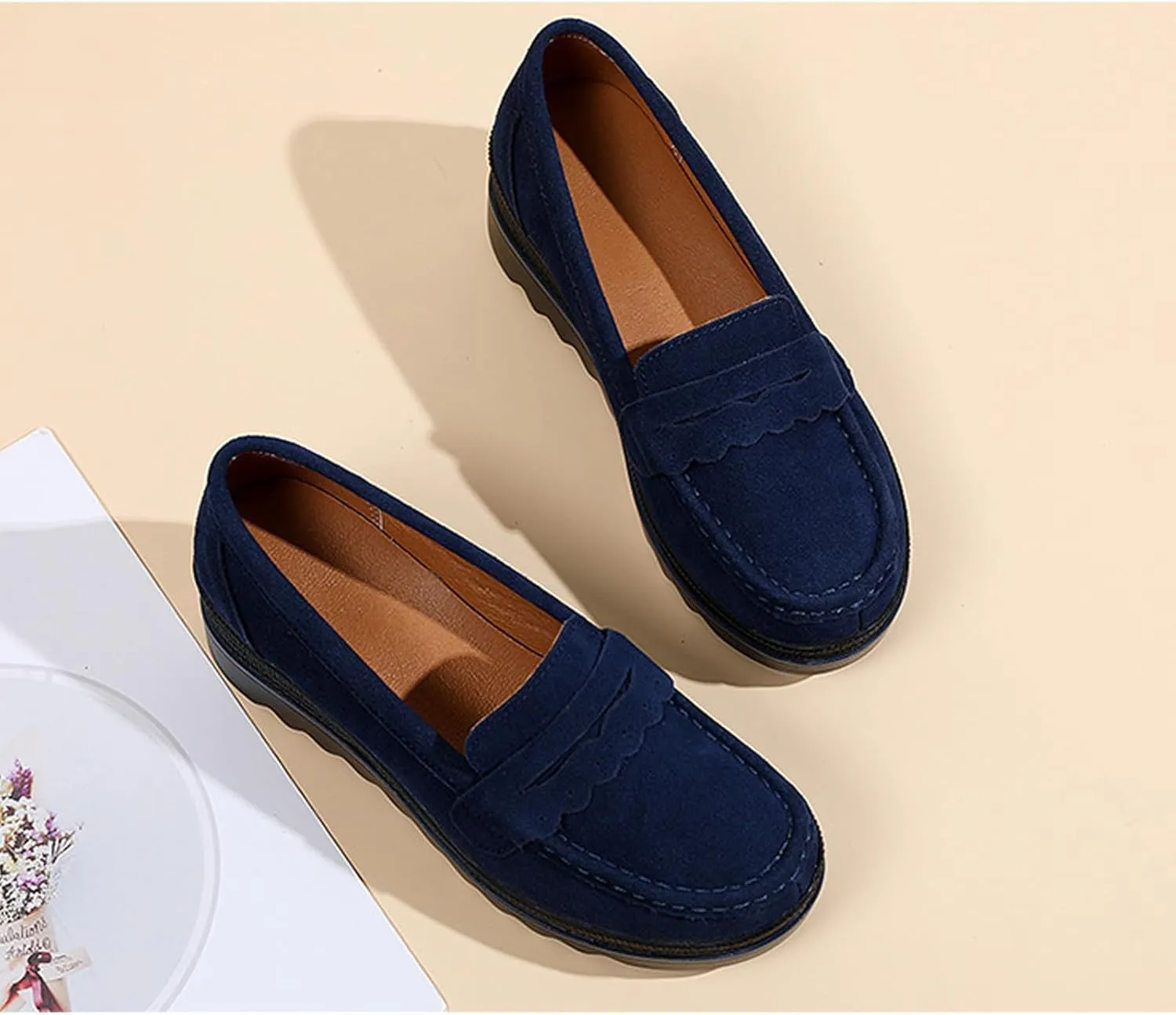 Yuizko Women's Suede Slip-On Platform Loafers with Arch Support,Casual Soft Comfortable Moccasin Sneakers Non-Slip Orthopedic Penny Walking Shoes