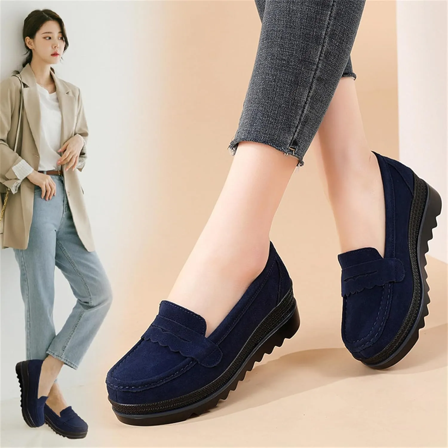 Yuizko Women's Suede Slip-On Platform Loafers with Arch Support,Casual Soft Comfortable Moccasin Sneakers Non-Slip Orthopedic Penny Walking Shoes